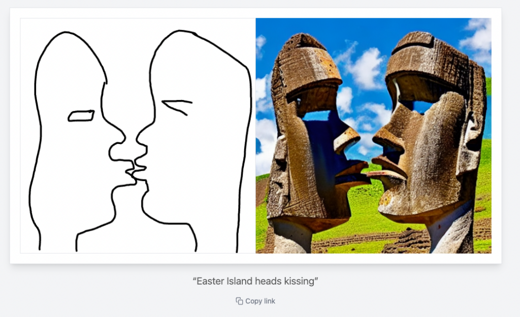 Scribble Diffusion rendering with prompt "Easter Island heads kissing"